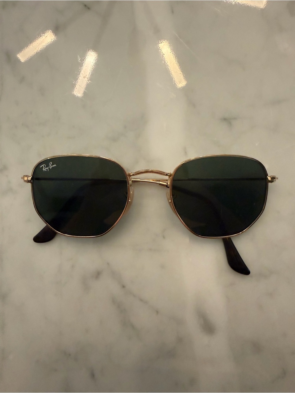 Ray-Ban Women's Gold Frame Sunglasses with Dark Green Lenses